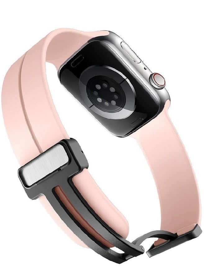 Replacement silicone sports wristband, black, with a magnetic D-shaped clasp 42/44/45/49mm, compatible with Apple Watch series SE/11/10/9/8/7/6/5/4/3 - Pink - Image 2